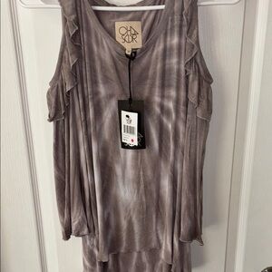 Chaser Gray Asymmetrical Ruffled Off Shoulder Top